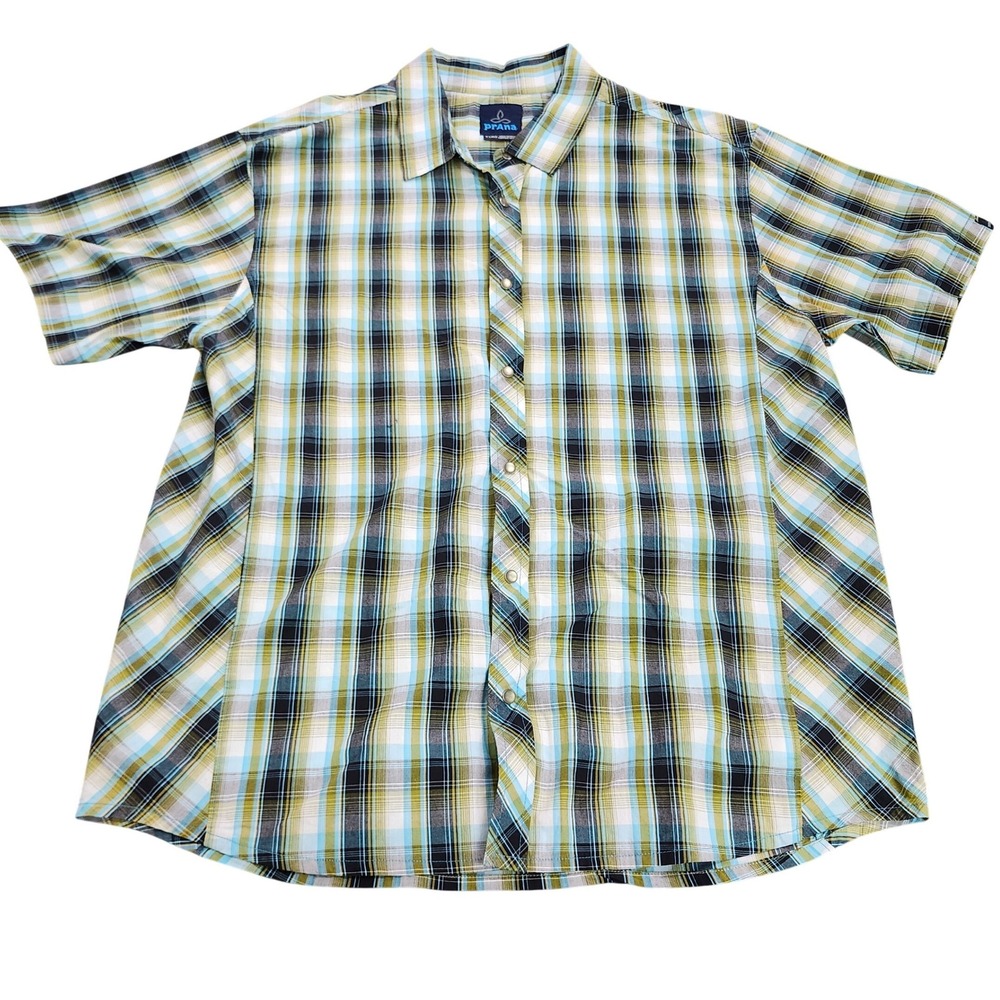 Prana Mens XL Blue Green Plaid Short Sleeve Pearl Snap Button Down Shirt Hiking